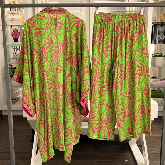 DESIGNER SET SIZE M Green Leaf Print Midi Viscose Kimono with Embroidery… - Picture 3 of 16